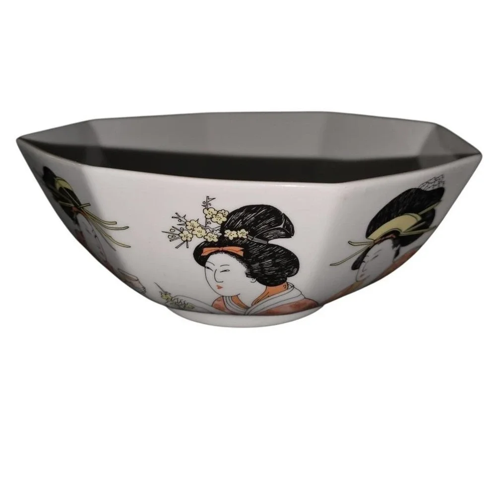 Fitz and‎ Floyd Octagonal Bowl Asian Geisha Motif MCMLXXVI